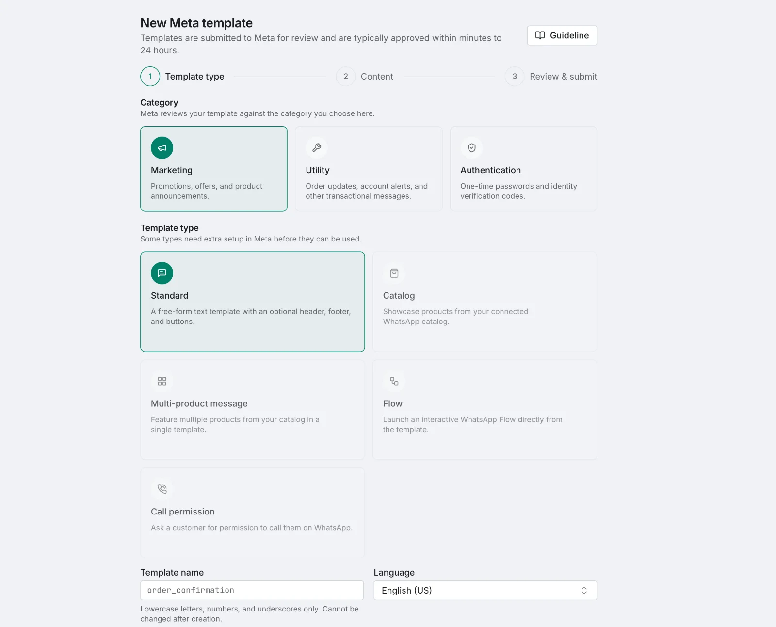 WhatsX Pro Meta template builder showing Marketing, Utility and Authentication categories and template types